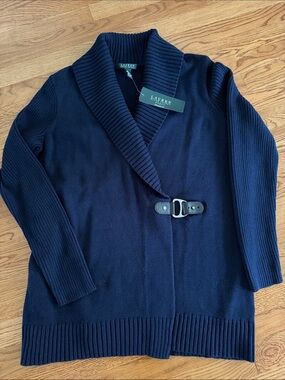 Lauren Ralph Lauren Navy Shawl-Collar Wrap Cardigan Buckle fall layering NWT 1X